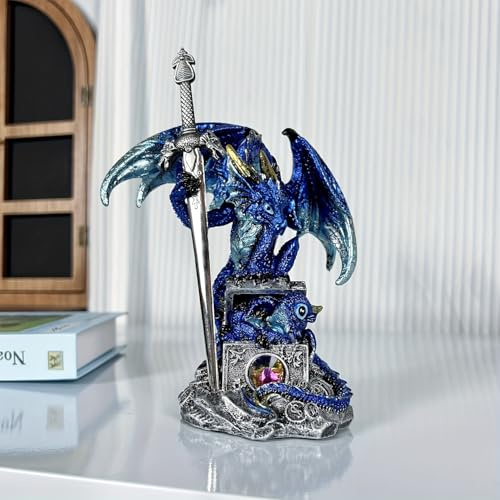 FLJZCZM Statua di drago, ornamento gotico a forma di drago Ender, da collezione, scultura in resina fantasy, regalo decorativo per casa e ufficio (spada drago blu)