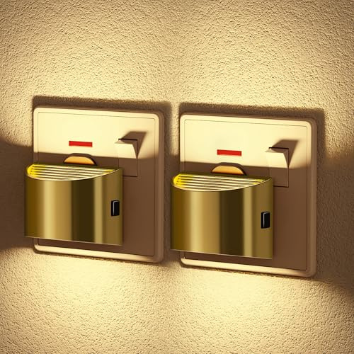 JandCase Night Light Plug in Wall 2 Pack with Dusk to Dawn Sensor, 3000K Warm White, 3 Adjustable Brightness Levels, Auto On/Off, LED Plug in Night Light for Hallway, Stairs, Bedroom, Gold
