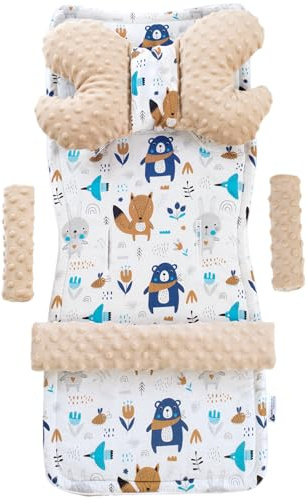 Medi Partners Sittdyna, barnvagn, buggy baby, sommar, barnstol, inlägg, universell – 5 delar bälteskudde lekbåge, barnvagnsset, babystol (boho, djur med beige minky)