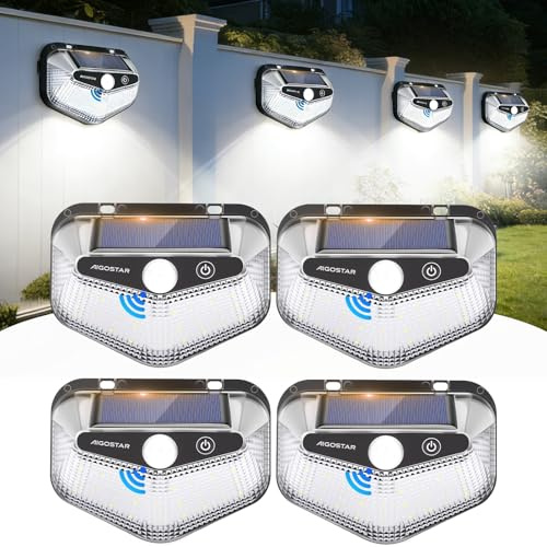 Aigostar Luz Solar Exterior,4 Paquete, 3 Modos, 270° Súper Brillante,Focos Led Exterior Solares con Sensor de Movimiento, IP65 Impermeable luces Solares para Jardín,Patio,Garaje,6500K