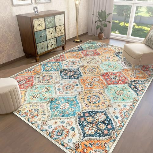 LuxFocus Teppich Wohnzimmer 160x230cm Vintage Blumen Kurzflor Orange | Waschbarer Boho Teppich für Schlafzimmer Kinderzimmer Esszimmer Büro, Marokkanischer rutschfester floraler faltbarer