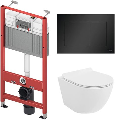 BADLAND WC-Vorwandelement Set TECEbase mit Wand-WC Rolo Weiß, Schallschutzmatte & Betätigungsplatte Schwarz – Komplettset für Trockenbau & Vorwandinstallation