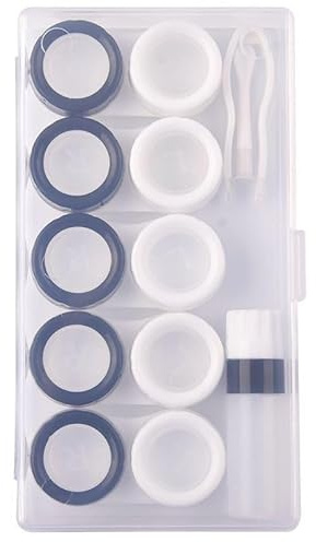 5 Pcs Contact Lens Cases, Contact Lens Holder Portable Eye Contacts Mini Case Container Set with L and R Caps Including Solution Bottle,Rubber-Tipped (Black and White)