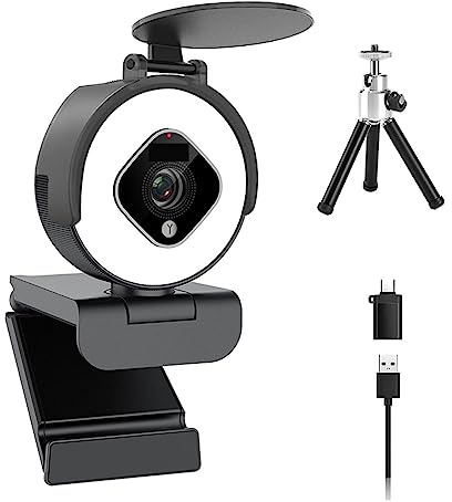 VXDEFP Webcam HD 1080P 60FPS USB Webcam avec lumière annulaire Caméra Web avec Microphone Couverture de confidentialité Incluse for Les conférences, la Diffusion en Direct, l'enregistrement