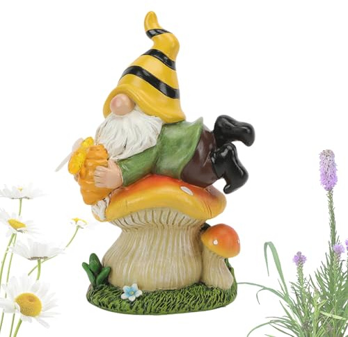 Nain de champignon en résine – Statue solaire d'extérieur – Figurine naine décorative | Jardin motorisé allongé sur un champignon, sculpture durable et résistante aux intempéries pour terrasse, cour