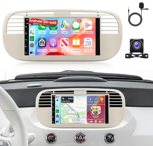 Rimoody 4G 64G Android Car Radio for Fiat 500 2007-2015 | for 7'' Touchscreen Car Stereo with Wireless CarPlay Android Auto/GPS/Bluetooth/FM RDS/EQ/Wi-Fi/Mirror Link/AHD Backup Camera