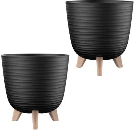 Engelland - 2 x Blumentopf mit Füßen & Bewässerungssystem, Schwarz, Ø 28 cm, Pflanzkübel, Übertopf, Wellenmuster, Innen- & Außenbereich, Drainagesystem & Wasserspeicher, rund, Kunststoff