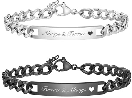 2 Pezzi Bracciali di coppia personalizzati - Donne Uomini Lovers Braccialetto Identità incisa per Lui Lei Marito Regalo Perfetto di Compleanno di San Valentino (Argento (16-19cm) + nero (19-21cm))