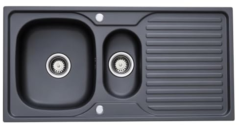RUMO Prema Nano Black Anthracite Stainless Steel Kitchen Sink 1.5 One and Half Bowl Large deep Reversible Drainer Inset Sinks with Waste Kit Scratch Resistant