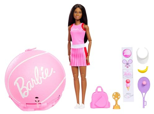 Barbie Team Barbie Roll and Reveal Tennis Player Doll and Accessories | Brunette Fashion Doll in Tennis Ball Encasement, Including 8 Surprise Accessories, Ages 3+