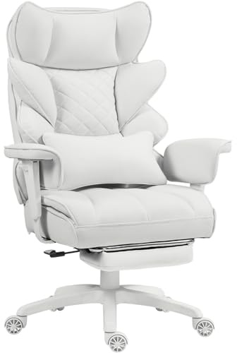 Dowinx Gaming Stuhl, Bürostuhl Ergonomisch mit Taschenfeder-Kissen, Chefsessel mit Doppellagige weiche Rückenlehne und verstellbare Lendenkissen, Armlehnen und Fußstütze, Stoff, Weiß