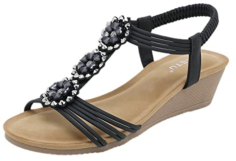 Cocila Sandalias Ortopédicas Mujer Verano Comodos Transpirables Plataforma Zapatos De Con Cuña Flores Bohemias Imitación Cómodos Cuñas Esparto Fucsia (Black, 40) Women Sandals Summer Fascitis