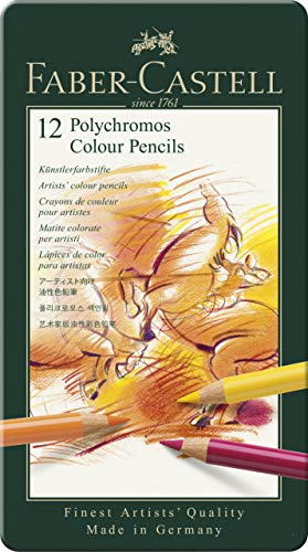 Faber-Castell 110012 Matite Colorate Polychromos, Set di 12 Matite Colorate Professionali in Astuccio Metallico, Set Matite da Disegno con Mina da 3,8 mm, Pigmenti Senza Acidi per Varietà di Superfici