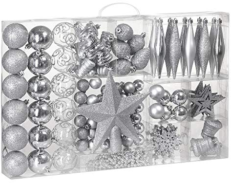 Deuba® Weihnachstkugeln 102tlg Ø 3-6cm Kunststoff matt glänzend Christbaumkugeln Christbaumschmuck Anhänger Weihnachtsbaumkugeln Weihnachtsdeko Silber