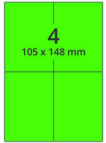 Labelident Laser-Etiketten auf A4 Bogen, neongrün - 105 x 148 mm - 400 Papier Aufkleber auf 100 Bogen, selbstklebende farbige Klebeetiketten fluorisierend leuchtfarbig