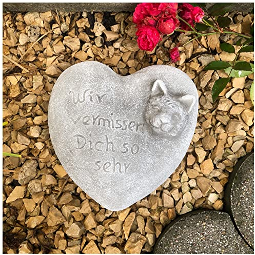 Radami Grabherz Katze 3D Spruch - Wir vermissen Dich - Grabschmuck Dekoherz Steinguss Herz dunkel