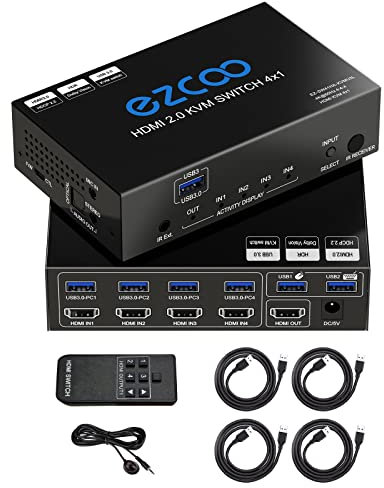 USB3.0 HDMI KVM Switch 4 Port 4 In 1 Out 4K 60Hz 4 In 4 Out SPDIF 5.1 Audio Breakout - Mouse/Keyboard/Wireless USB for PC,Printer,Scanner,Windows,Linux, HDR HDMI Auto Switch 4x1,IR Remote KVM 4X1