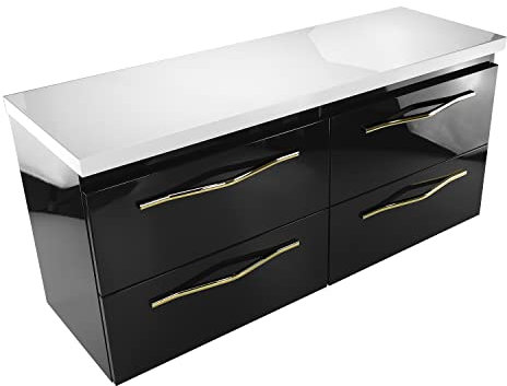 paplinskimoebel Set di mobili da bagno lucido con piano di lavoro per lavabo, dimensioni 120 cm, doppio armadio con piano di lavoro, quattro cassetti, (parte superiore nera e bianca)