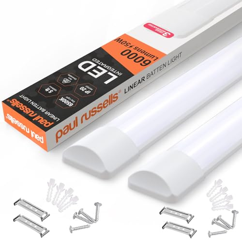 paul russells 5ft LED Batten, Ceiling Fitting Tube Light, 6500K Daylight, 50W, 6000 Lumens, Light for Office, Bathroom, Kitchen, Garage, Warehouse Fluorescent Lighting Replacement, 2 Packs