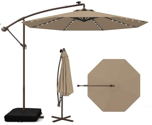 Tangkula 10FT Offset Patio Umbrella with Base Included, Outdoor Cantilever Umbrella with 32 Solar LED Lights, Tilt Adjustment, Crank Handle, Vented Top, Sand Bags for Pool Yard Deck (Tan)
