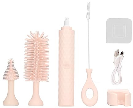 Bottle Cleaning Brush, Electric Bottle Brush, 2 Speeds Rotating Silicone Bristles Nipple Brush, IP65 Waterproof Straw Cleaner Brush with Bottle Brush, Pacifier Brush, Straw Brush (Pink)