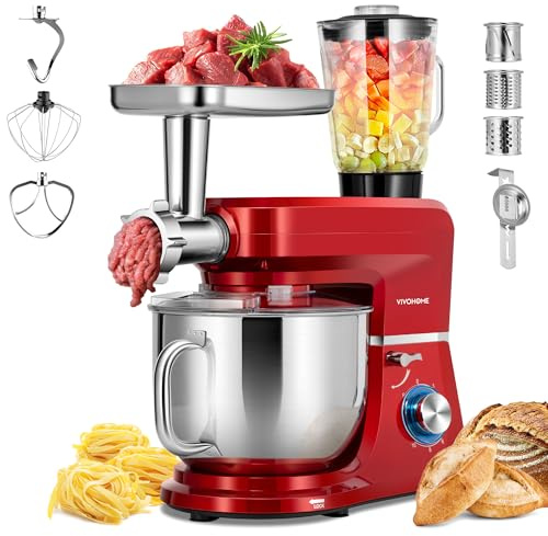 VIVOHOME 6-in-1 Stand Mixer, 8.5 Quart Electric Tilt-Head Kitchen Mixer with Bowl, Multifunctional Food Mixer for Cake, Bread, and Dough, with Meat Grinder, Blender, Pasta Maker Attachments, Red