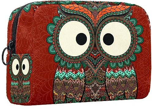 Kleine Schminktasche für Damen,Schminktasche, Reisekosmetiktasche,Muster im ethnischen Stil der Eule Drucken
