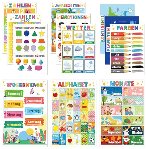 COCHIE 12 Pädagogische Montessori Lernposter A4, Alphabet Zahlen Poster für Kinder Vorschule Grundschule, Bilder Kinderzimmer Klassenzimmer Deko Jungen Mädchen