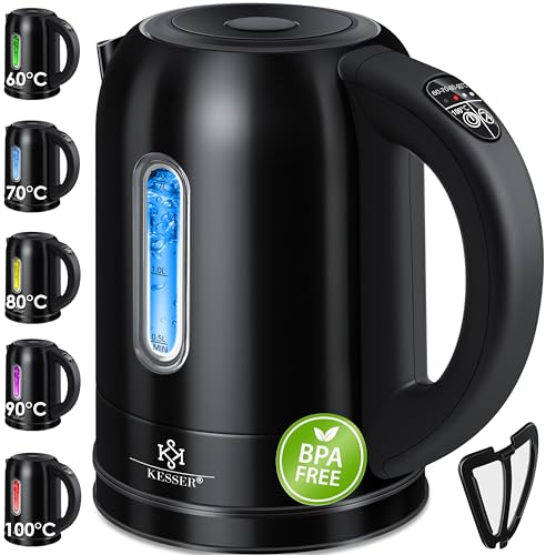 KESSER Wasserkocher 2200W Edelstahl 1,7L mit LED Beleuchtung-Farbe je nach Temperaturwahl 60, 70, 80, 90, 100 °C | Inkl. 70cm Kabel, Teefiltereinsatz & Kalk-Filter, BPA- FREE, 2 Std Warmhaltefunktion