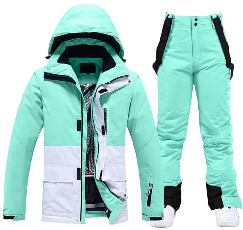 ALSOGO Damen Skijacke & Skihose Set Skianzug 2 teilig Schneeanzug Wasserdicht Warm Winterjacke mit Abnehmbare Kapuzen zum Skifahren Snowboarden Schneejacke Schneehose