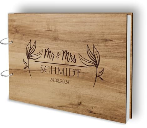 Manschin-Laserdesign Holz Gästebuch Love Hochzeit Echtholz mit individueller Lasergravur | 50 Blätter (100 Seiten) | DIN A4 |