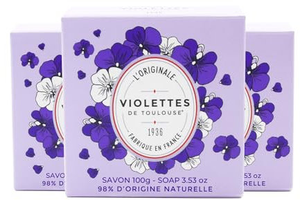 BERDOUES - Jabón Sólido Violettes de Toulouse, Lote de 3, Jabón de manos. Pastillas de jabón perfumadas con violeta. Fabricado en Francia, 3x100g