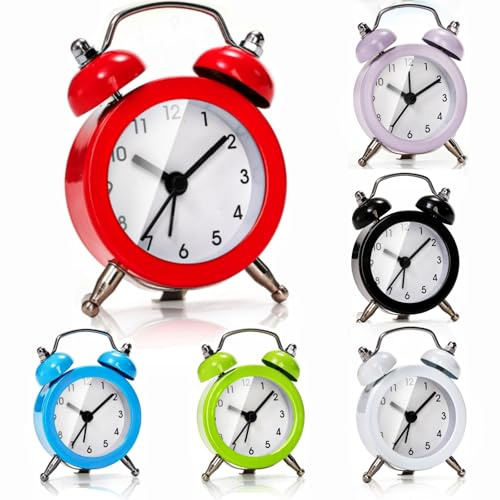 Noamus 6 Pcs Mini Twin Bell Alarm Clock, 2 Inch Loud Alarm, Small Cute Analog Alarm Clock, Vintage Travel Clock with Stereoscopic Dial for Bedroom Decor, Heavy Sleepers(6 Colors)