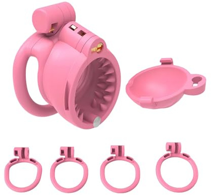 Cage de Chasteté en Résine de Nylon avec 30 Dents et 2 Serrures Cachées SM Jouets Sexuels Masculins Cage de Pénis avec 4 Anneaux Amovibles pour L'entraînement du Pénis Masculin (Flat Ring,Pink)