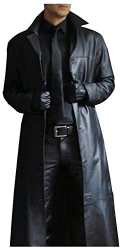 Ledermantel Herren Lang Schwarz Männer Solide Trenchcoat Slim Kunstleder Leder Viktorianischen Cosplay Kostüm Distressed Herrenmantel Windjacke aus Kunstleder Winterjacke