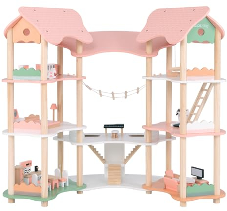 COSTWAY Puppenhaus Holz, 85 cm Hoch Dollhouse 7 Zimmer mit 32 Möbeln und Zubehör, Puppenvilla mit Strickleiter, Puppenstube Geschenk für Kinder ab 3 Jahren