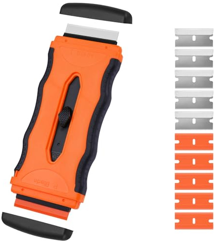 Flintronic 1 Raspador Vitroceramica, Rasqueta Vitroceramica con Cuchilla Retráctil, Rasqueta Multiusos Profesional con 10 Cuchillas para Ventanas, Espejos, Azulejos Limpieza (Naranja)