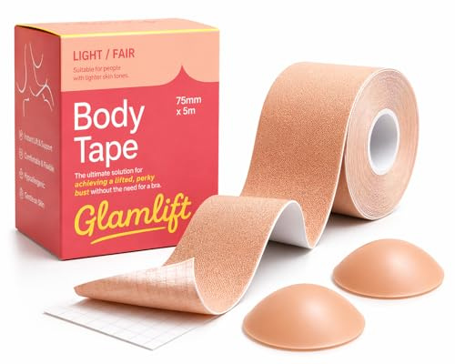 GlamLift® | Boob Tape | Easy Breast Lift. Achieve a Perky Bust without a Bra. Cleavage Boosting Body Tape plus 2 Silicone Nipple Covers. Light/Fair Body Tape for A-D Cup.