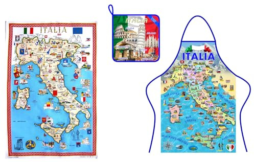 Kit 3 pezzi in cotone Made in Italy, Grembiule, strofinaccio e presina con mappa dell’Italia, Souvenir tipico italiano, idea regalo cucina, accessori tessuto tela, Tipicità italiana, Utile in Cucina
