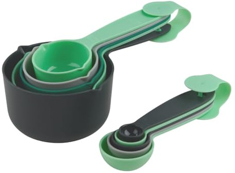 Tasty 10-teiliges Messbecher und Messlöffel Set in bunten Farben – Spülmaschinenfest, praktisch und umweltfreundlich – Perfekt für die Erstausstattung jeder Küche, Grau/Grün