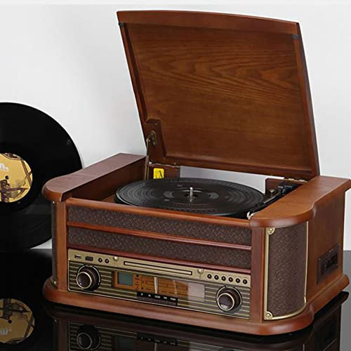 asdchZen Reproductor De Discos De Vinilo con Altavoces Incorporados Tocadiscos Inalámbrico Vintage Soporte De 3 Velocidades, Reproductor De CD, Radio, Transmisión por Correa, USB/SD, C