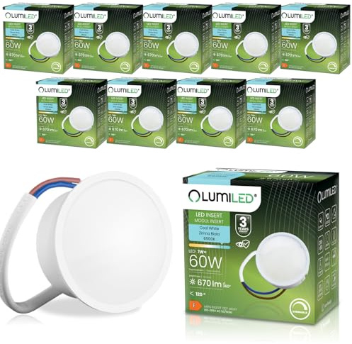 Lumiled Modul LED INSERT 7 W (Entspricht 60 Watt), extra flach spot, 670 Lumen, Kaltweiß 6500K, 120 Grad Abstrahlwinkel, Ra>80, Dimmbar, Leuchtmittel, Keramik, 10-er Pack