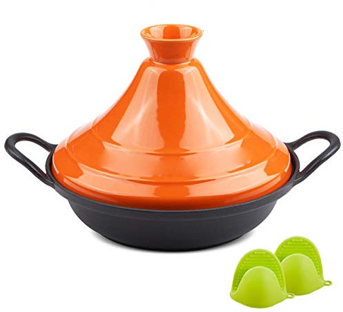 Cocottes avec couvercles Tajine en Fonte, Tajine marocain avec Base en Fonte émaillée et Gants en Silicone (Orange)