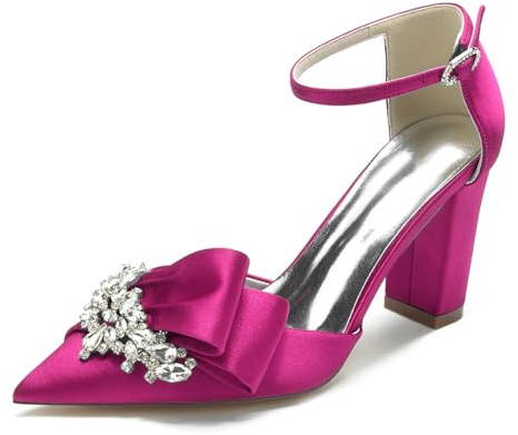 smlekwc Women's Satin Pleated Bridal Shoes with Rhinestone Pointed Toe Dress Pumps with Ankle Strap Block High Heel Wedding Party Prom Sandals,Fuchsia,5 UK