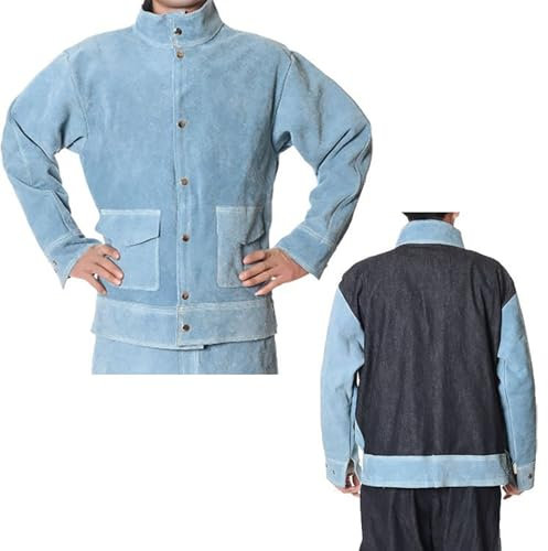 Chaqueta de soldadura de cuero, delantal de soldadura resistente con manga, chaqueta resistente al calor y al fuego para soldadores, trabajadores forestales, herreros, azul, L
