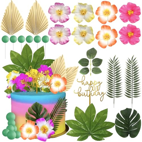 Xsstarmi Hawaiian Theme Cake Decoration with Balloons Palm Leaves Hibiscus Cake Pick for Hawaii Aloha Jungle Summer Theme Wedding Birthday Party Cake Decorations Supplies