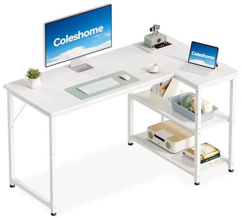 Coleshome L Shaped Gaming Desk for Small Space, 120x70 cm White | Computer Desk for Home Office, Corner Desk with Reversible Shelves for Small Spaces, Writing Study Table Easy Assembly Design