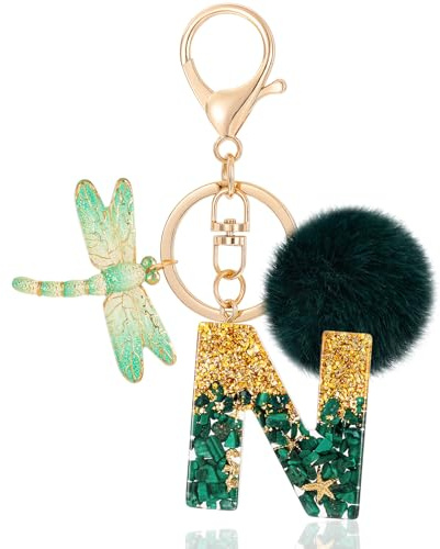 MWOOT Initiale Letter Keychains Porte Clé Lettre A,Alphabet Initial Keyring avec Libellule Pompon Pendentif,Vert Key Ring pour Femmes Portefeuilles Sac à Main Bagages Charme (N)
