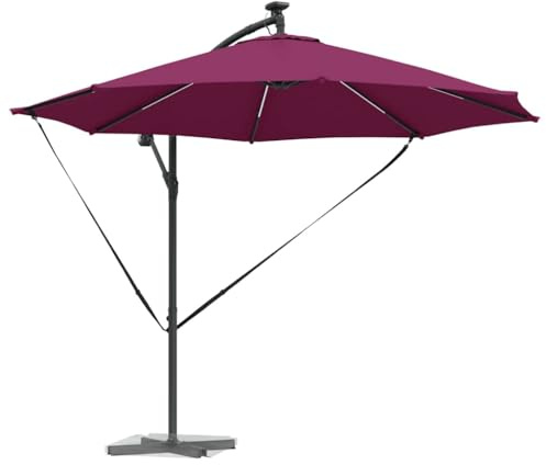 vidaXL Ombrellone a Braccio Rosso Bordeaux in Acciaio Verniciato, 294 x 248 cm. Resistente ai Raggi UV e all'Acqua, con Illuminazione Solare a LED, inclinazione Regolabile e Telaio Liscio di Colore