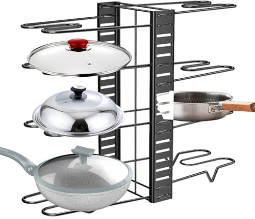 Organizador de ollas y sartenes - Organizador de sartenes mejorado, organizadr de sartens ajustable de 8 niveles | Organzier de gabinetes que ahorra espacio, Organzier de utensilios de cocina pa
